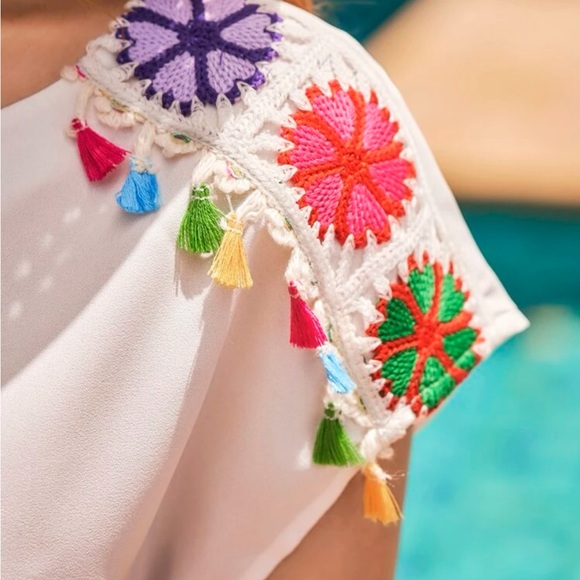 Tops - Boho Embroidered White Women's Blouse with Multicolor Tassels